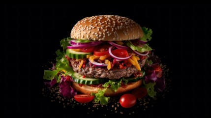 Tasty craft burger with grilled meat, cheese, tomato, vegetables on the black background Generative AI