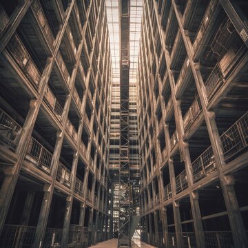 Massive distribution warehouse with tall shelves and loaders. View from the bottom. generative ai
