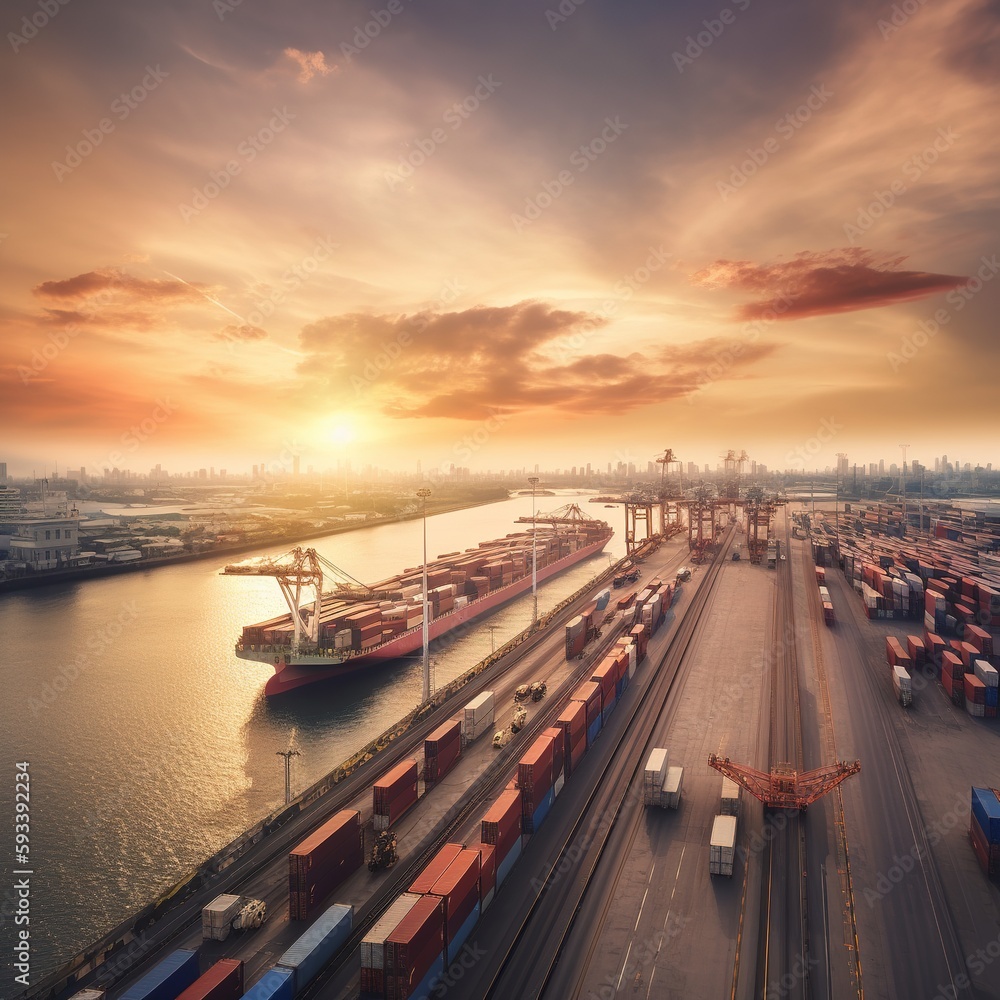 Poster sunset on the container cargo ship, container dock crane shipment harbor loading container import an