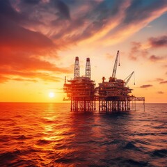 Obraz premium Sunset or sunrise on an offshore oil and rig platform. Construction of a manufacturing process in the sea. The world's power energy. . generative ai