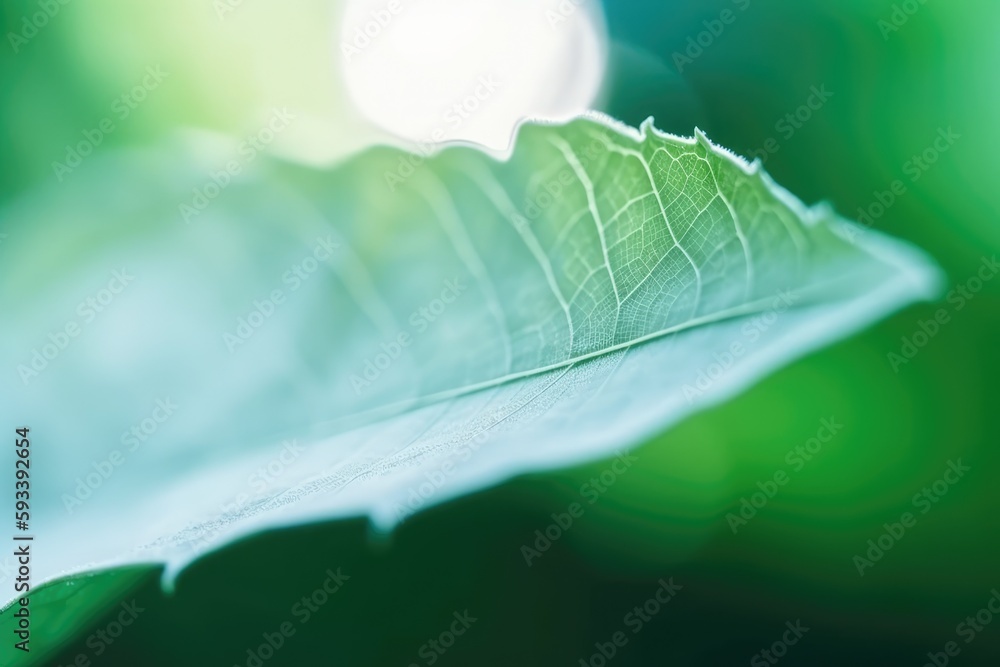 Poster close-up of a green leaf with a blurred natural background. generative ai