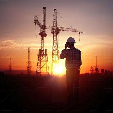 Silhouette engineer standing orders for construction crews to work on high ground heavy industry and safety concept over blurred nature background sunset pastel. generative ai