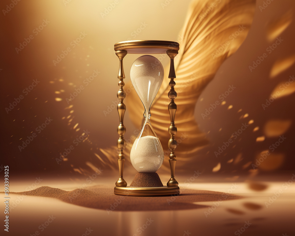 Poster an hourglass sitting on top of a table next to a feather. ai generative image