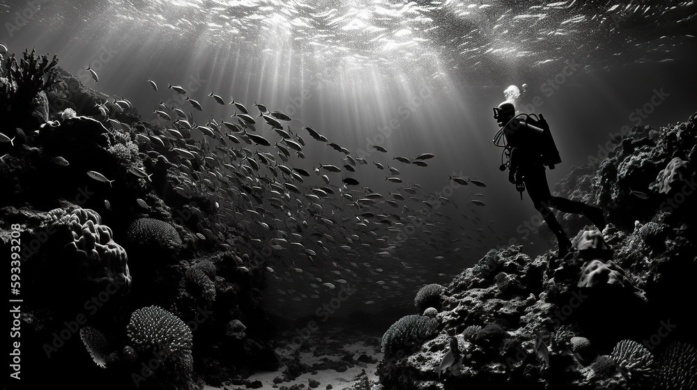 Sticker a scuba diver in a black and white photo. ai generative image