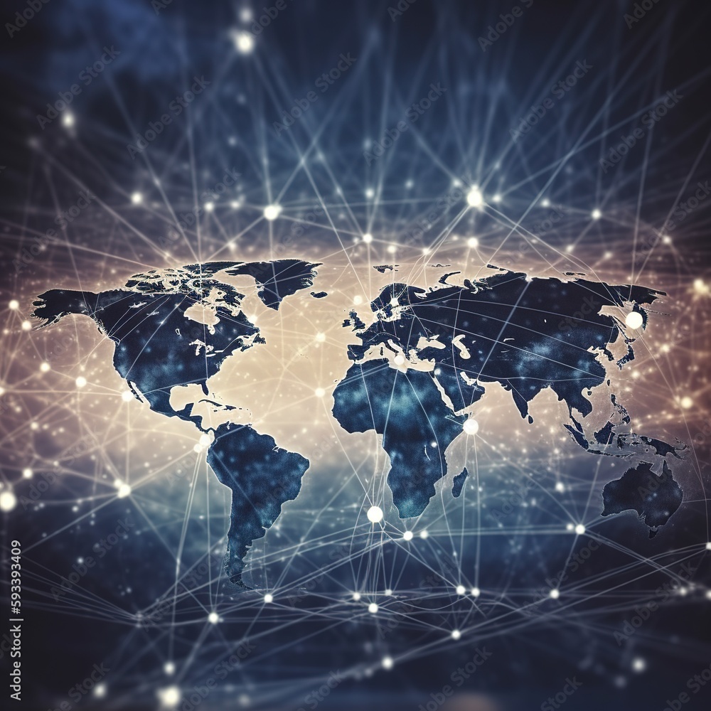 Poster big data and networking concept, abstract graphic globe map on blue background. generative ai