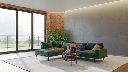 Large luxury modern bright interiors Living room mockup banner illustration 3D rendering