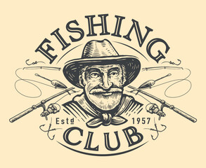 Fishing club emblem. Happy elderly fisherman and crossed fishing rods for catching fish. Vintage vector illustration © ~ Bitter ~