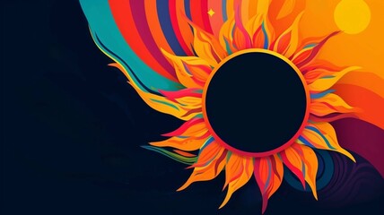 Colorful sun or sunflower design on black background (generative ai)