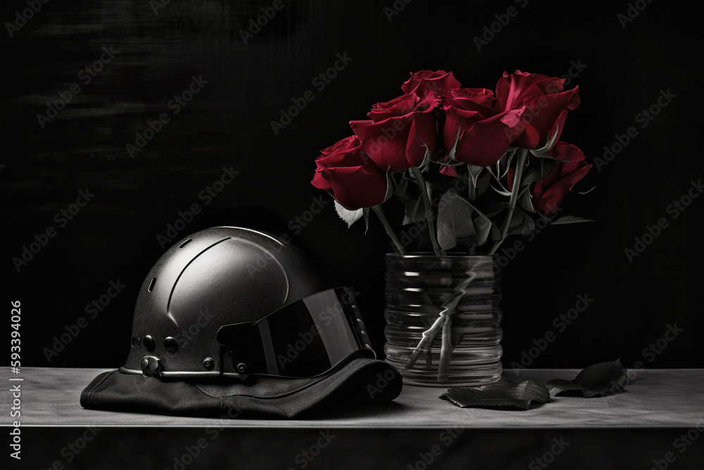 Poster a helmet and a vase of roses on a table. ai generative image
