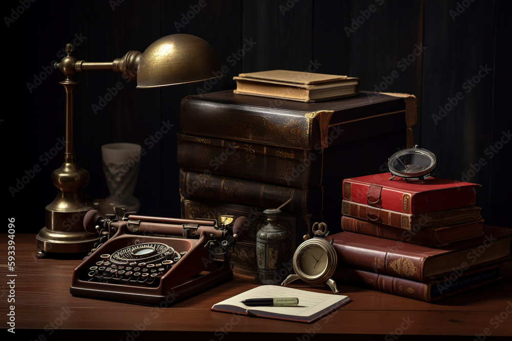 Poster a desk topped with books and a lamp. ai generative image