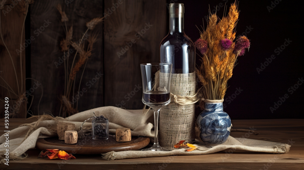 Poster a table topped with a bottle of wine and a vase filled with flowers. ai generative image