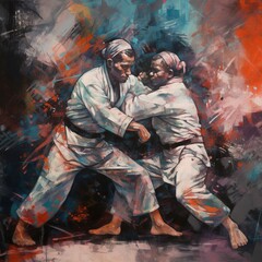 Graceful Jiu Jitsu Movements in Soft Watercolors