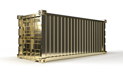 Isolated Golden Shipping Cargo Container in Perfect Realistic Look. Reusable large intermodal steel freight boxes for Storage and Transportation on White Background, 3D Render illustration.