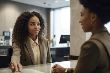 Beautiful bank teller assisting a customer with a friendly demeanor and professional attire, generative ai