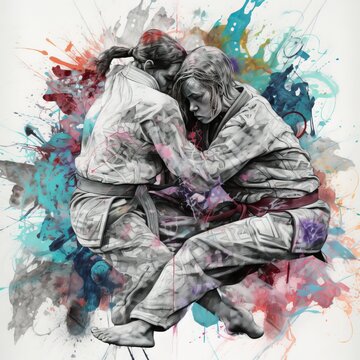 Graceful Jiu Jitsu Movements in Soft Watercolors