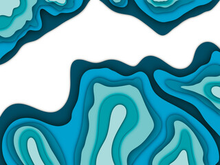 Illustrated ocean blue  paper cut background with simple wave shapes or art image. Modern for graphic design. Realistic 3d layered smooth bending objects