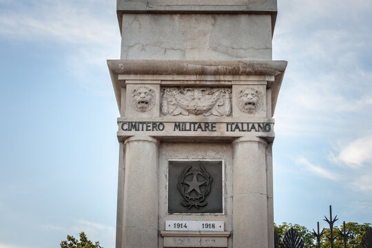 BELGRADE, SERBIA - JULY 14 2020: Coat of arms of the republic of italy in front of Italjansko groblje, also called Cimiterro Militare Italiano, the miliary cemetery of Italy during First World War.