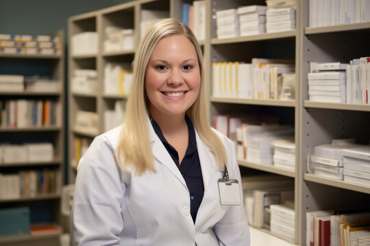 clinical research coordinator posing in front of a shelf filled with medical books and equipment, with a smile on her face, generative ai
