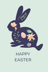 Happy Easter banner. Trendy Easter design with typography, hand painted strokes and dots, eggs and bunny in pastel colors. Modern minimal style. Greeting card, header for website
