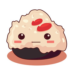 Cute sushi icon in kawaii style with smiling face and pink cheeks. Japanese traditional cuisine dishes. Temaki, tempura, nigiri, tamago, uramaki, futomaki.