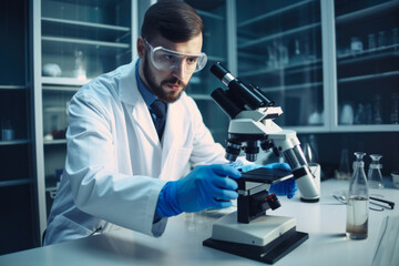 Confident and intelligent research assistant posing with a microscope and test tubes, ready to conduct experiments in a modern laboratory, generative ai
