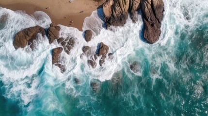 Beach and waves from top view Generative AI