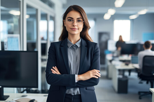 Confident and poised female Operations Manager standing in front of a bustling office environment with a determined expression on her face and an organized workspace, generative ai