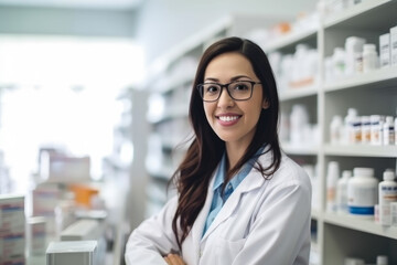 Confident female pharmacist with a warm smile and a reassuring demeanor explaining medication instructions to a patient, generative ai - obrazy, fototapety, plakaty
