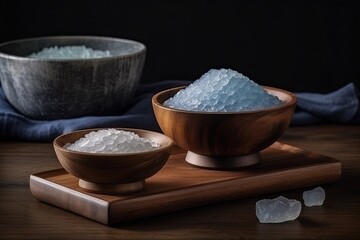 Fototapeta na wymiar wooden bowl of sea salt next to an unopened bowl of sea salt. Generative AI