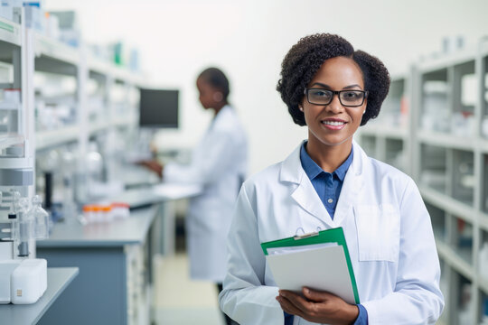 Confident clinical research coordinator posing in her lab coat with a smile, holding a clipboard and pen while standing in front of laboratory equipment, generative ai