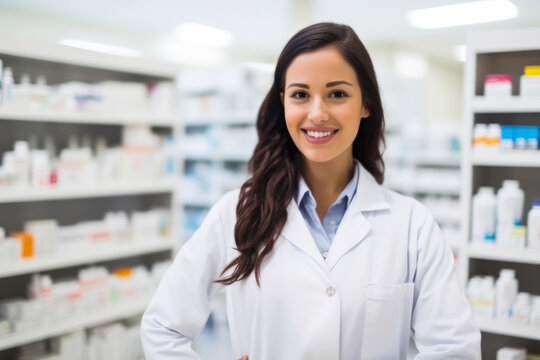 Confident female pharmacist with a warm smile and a reassuring demeanor explaining medication instructions to a patient, generative ai