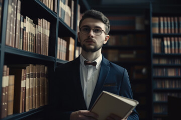 Elegant and sophisticated research assistant standing in a library, holding a book and looking thoughtful and intellectual, generative ai