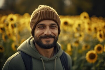 Portrait of a handsome bearded man in a sunflower field.