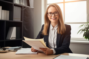 Experienced and knowledgeable insurance agent with a warm smile, sitting at her desk while holding a folder with important documents, generative ai