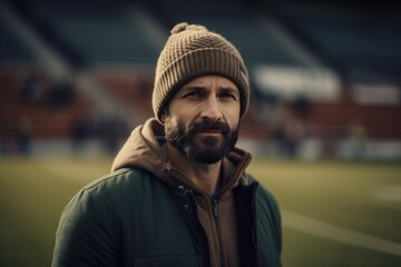 Portrait of a handsome bearded man in a hat and coat on the football field