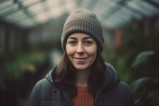 young beautiful hipster woman in beanie hat and jacket at modern european hothouse