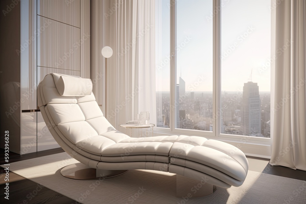 Poster serene white chaise lounge chair in front of a large window with a view. generative ai