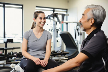 Fototapeta premium friendly and approachable physical therapist sitting next to a patient, giving them instructions and guidance on how to properly perform an exercise, generative ai