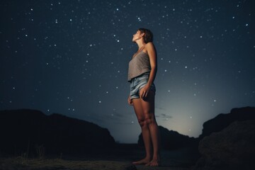 Fototapeta premium Young woman standing on the beach and looking at the starry sky