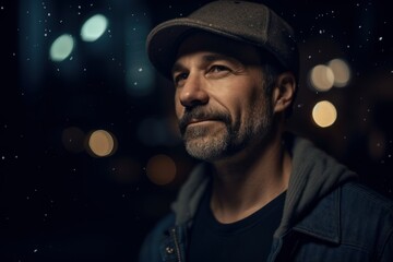 Portrait of a handsome mature man with beard wearing a cap, looking away and smiling while standing in the city at night.