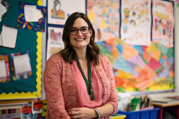 friendly and approachable female teacher in a colorful classroom, surrounded by art and posters, and wearing a bright and cheerful outfit, generative ai