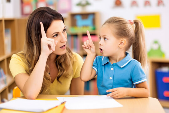 Focused Speech-Language Pathologist Using Sign Language To Communicate With A Deaf Child In A Quiet Classroom Filled With Educational Posters And Books, Generative Ai