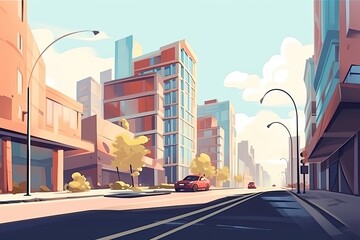 car driving down a busy city street with towering skyscrapers in the background. Generative AI
