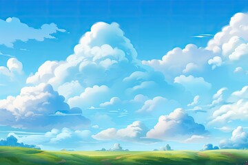Obraz na płótnie Canvas picturesque landscape with vibrant clouds in the sky and lush green fields below. Generative AI
