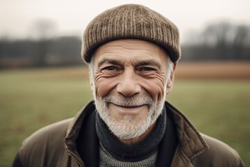 Portrait of a senior man with grey beard and hat outdoors.