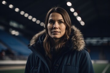 Portrait of a beautiful young woman in a winter jacket in the stadium