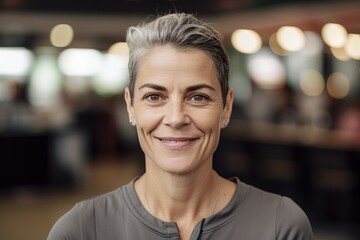 Fototapeta premium Portrait of smiling middle aged woman with grey hair looking at camera