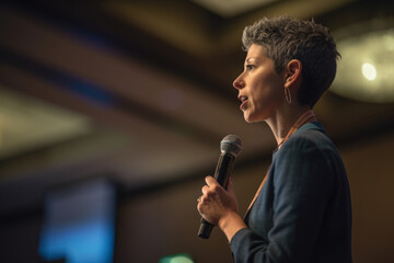 poised Speech-Language Pathologist standing in front of a microphone and addressing a large audience at a professional conference, generative ai
