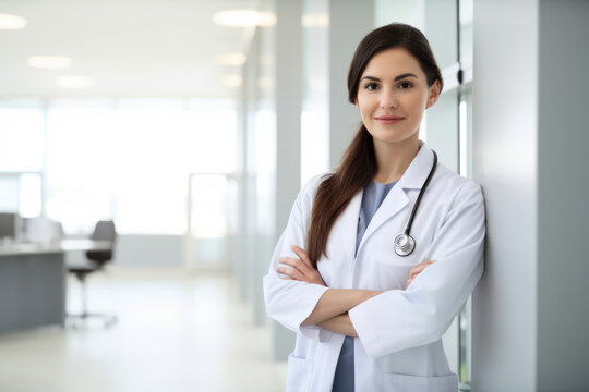 Portrait of a beautiful and caring medical and health services manager wearing a lab coat and standing in a modern healthcare facility with a friendly smile on her face, generative ai