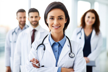 Fototapeta premium Portrait of a beautiful and professional medical and health services manager wearing a lab coat and standing in front of a group of healthcare professionals, generative ai